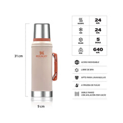 Termo Clásico Asa Plegable Cebador 950 ml Rosa