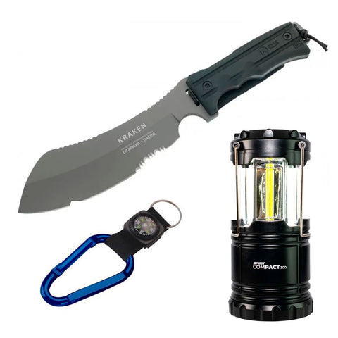 Combo Supervivencia Cuchillo Kraken Titanio+ Farol 300 lumenes +Brujula Mosqueton