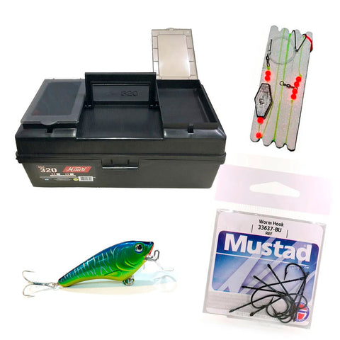Combo Accesorios de Pesca, Caja + Anzuelos + Linea + Señuelo