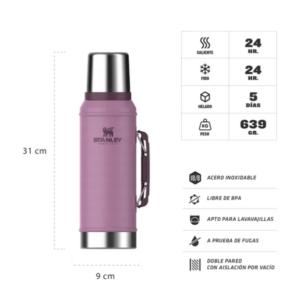 TERMO STANLEY CLASICO CON TAPON CEBADOR 950ML LILAC - Imagen 3