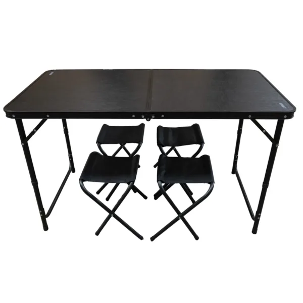 600031 MESA PLEGABLE SPINIT ALU NEGRO+MAD OSCURA C4 BANCOS ACERO-01 Set mesa plegable de camping con 4 bancos Madera Oscura - Imagen 1